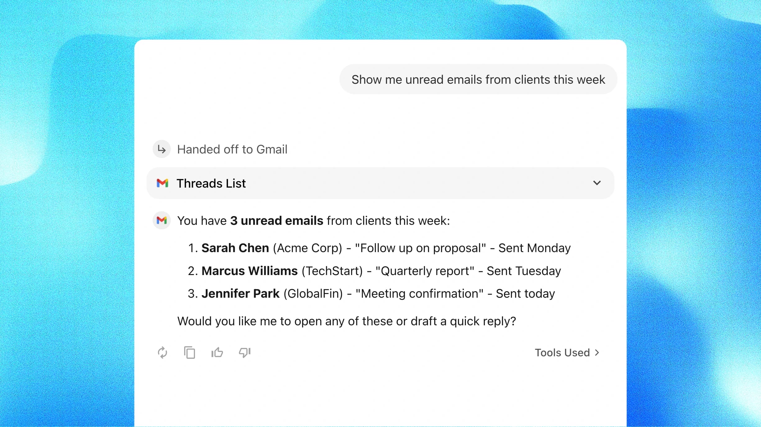 Gmail AI Agent finding unread client emails, displaying 3 results with sender names and subjects