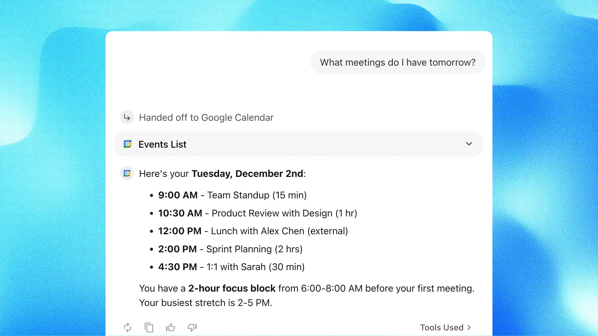 Google Calendar AI Agent displaying tomorrow's meeting schedule with times and details