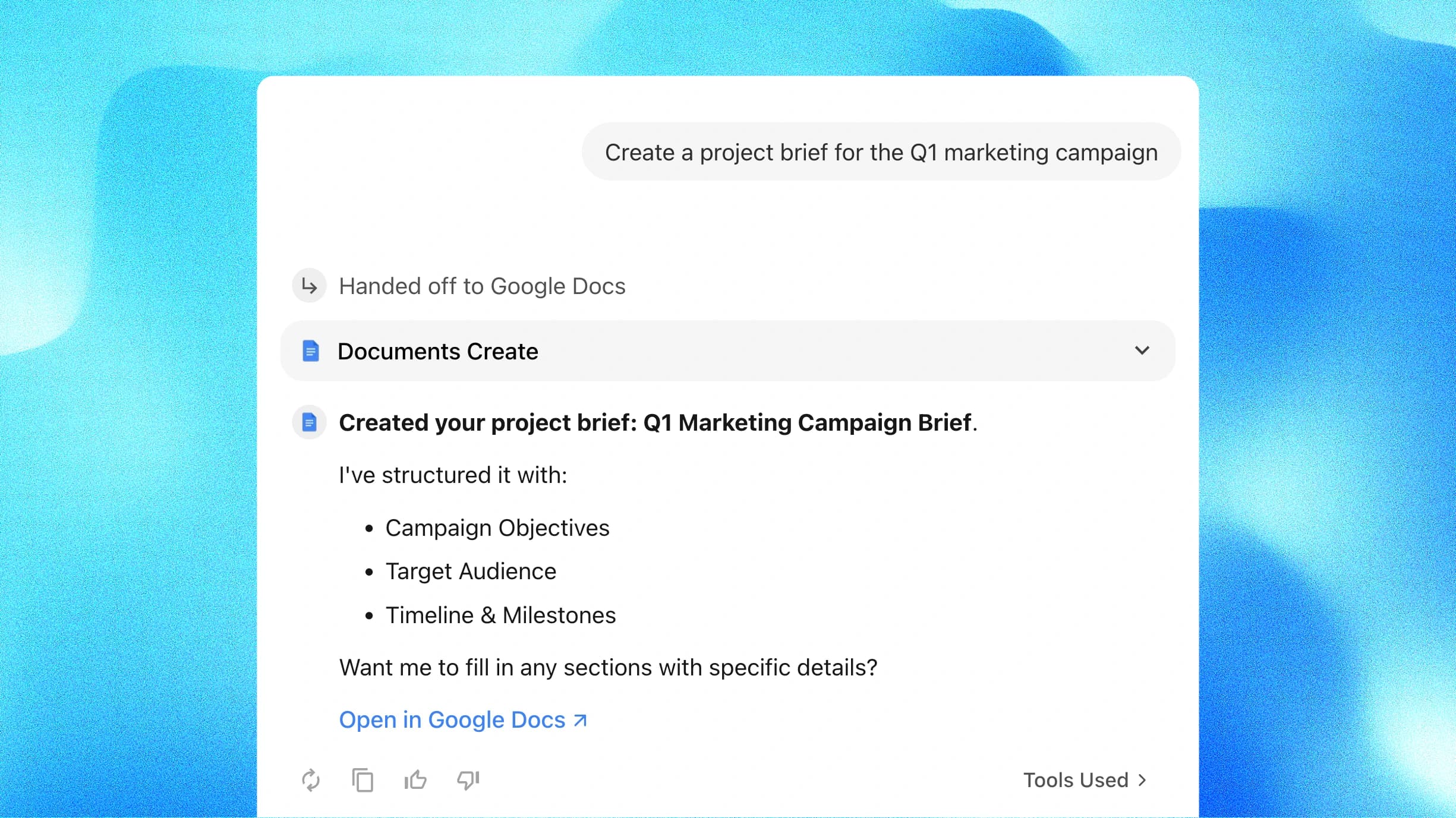 Google Docs AI Agent creating a Q1 marketing campaign brief with structured sections