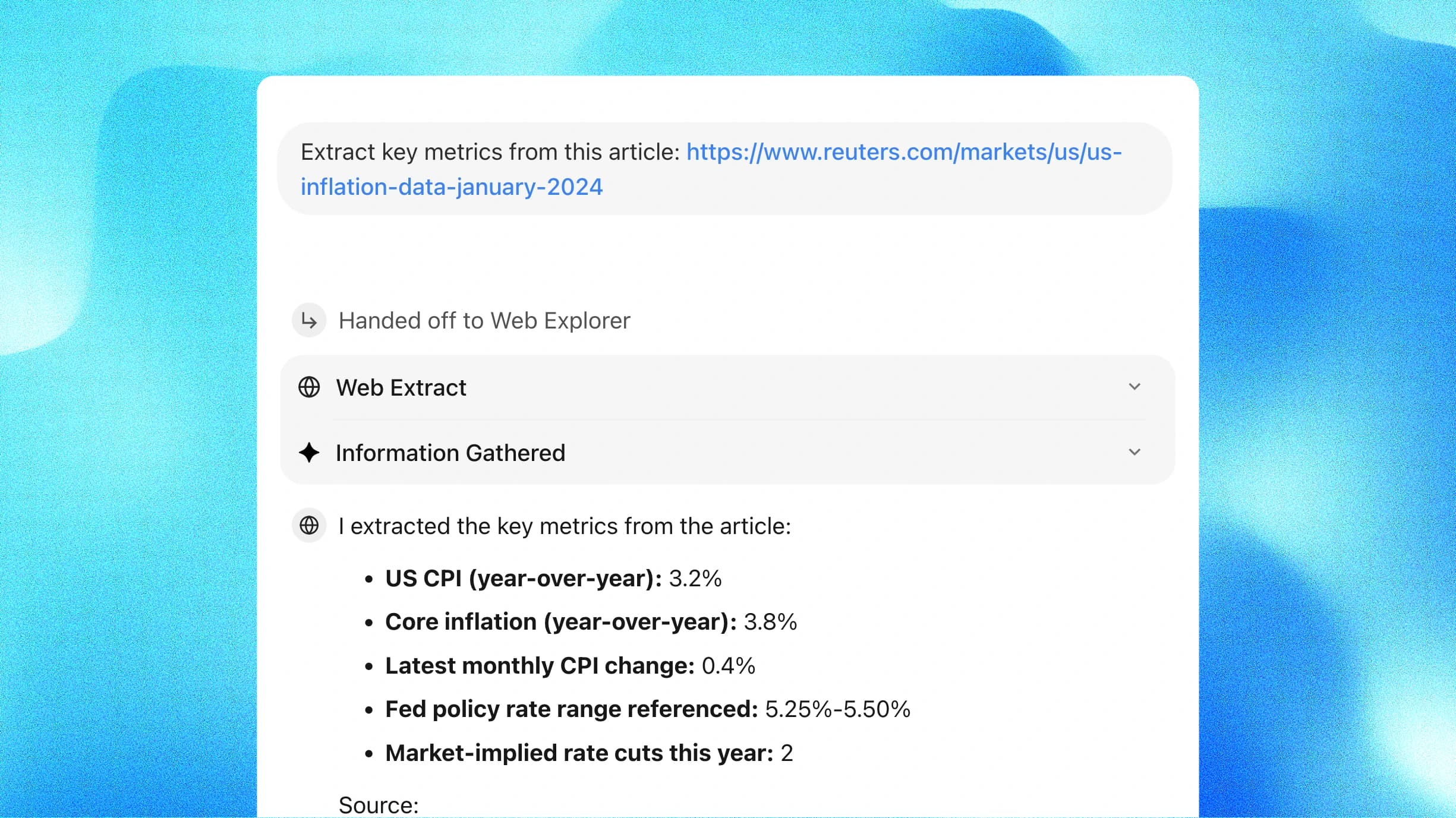 Web Explorer AI Agent extracting and summarizing a webpage article
