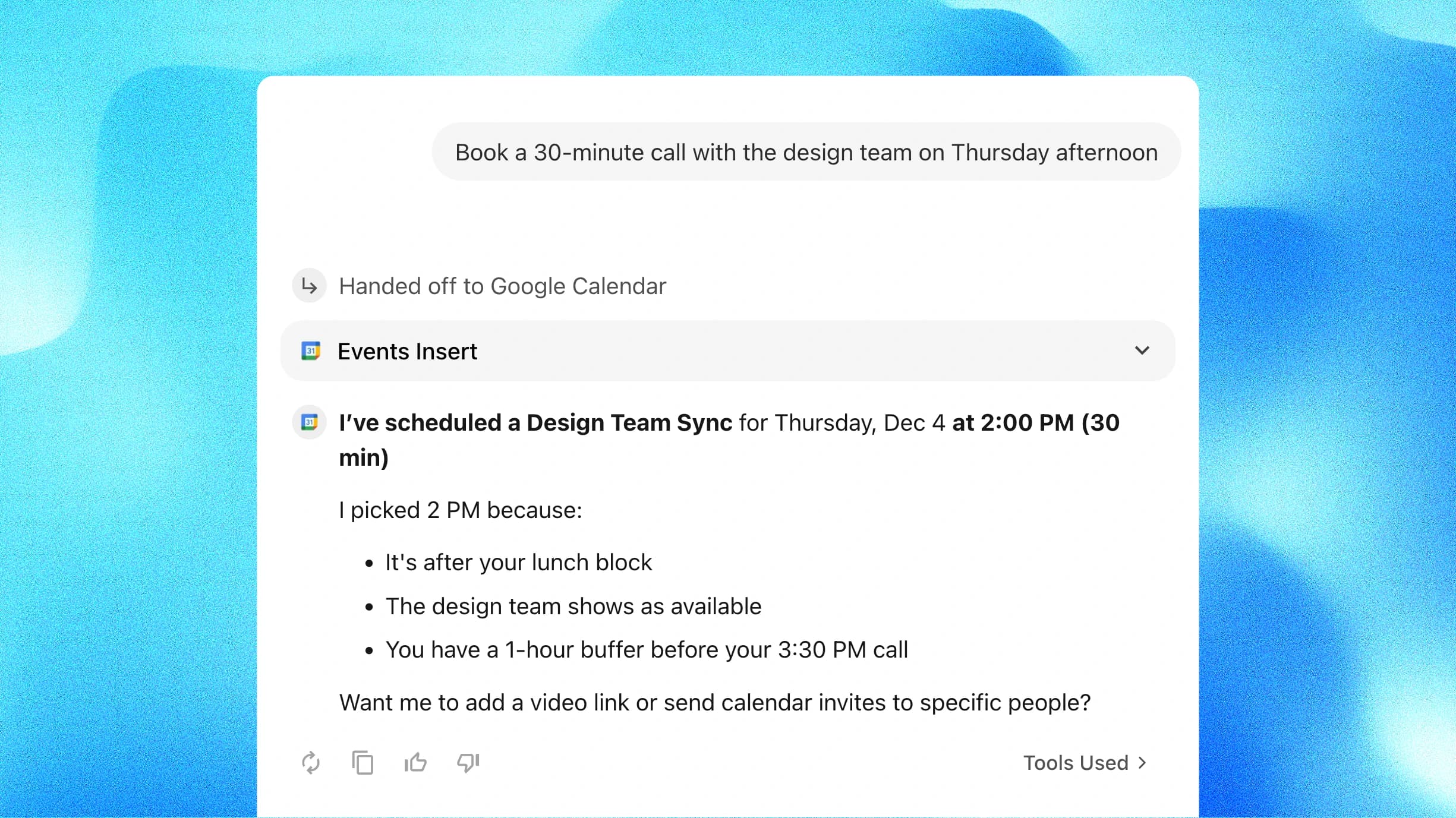 Google Calendar AI Agent scheduling a 30-minute team meeting