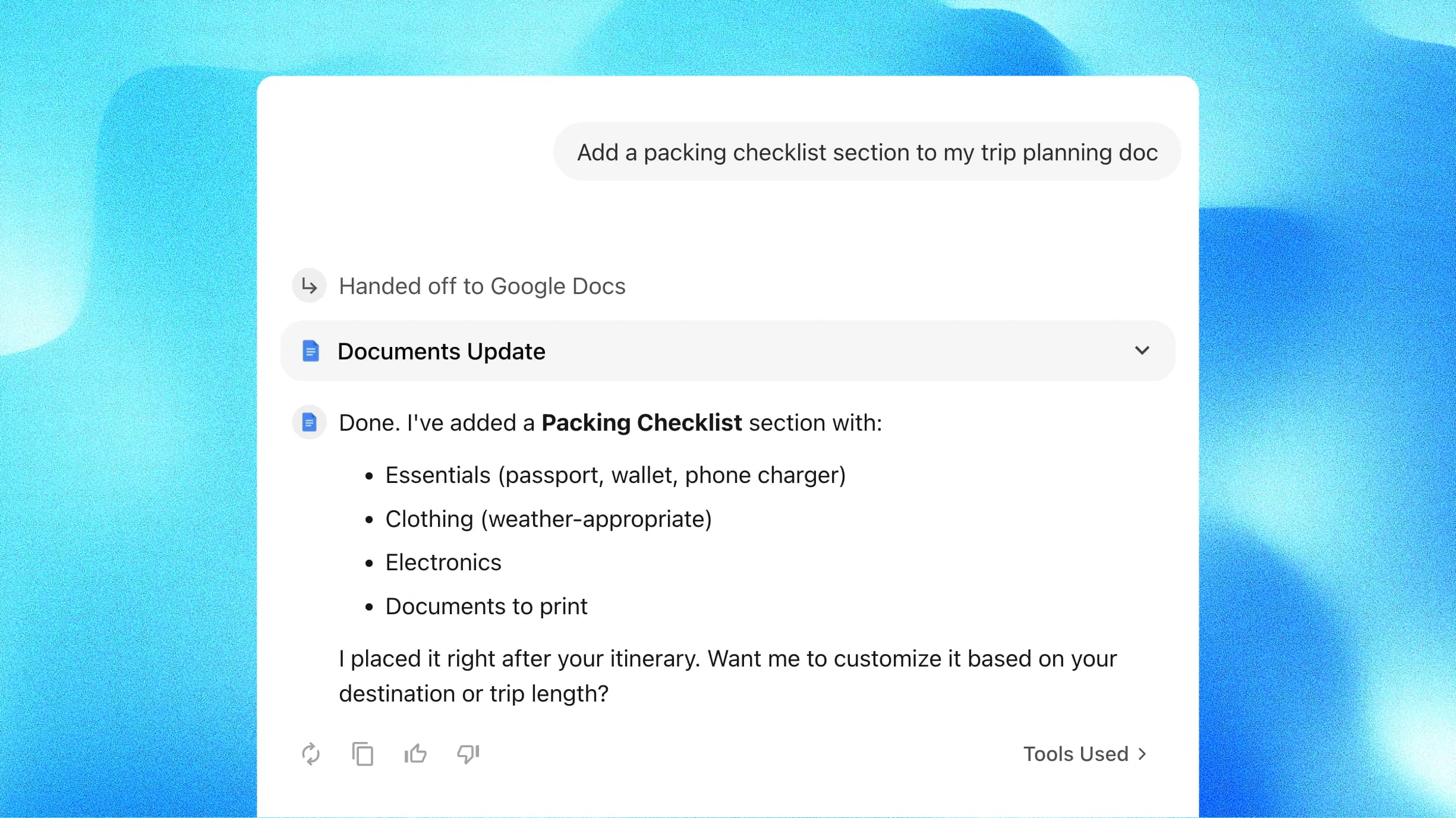 Google Docs AI Agent adding a packing checklist section to a travel planning document