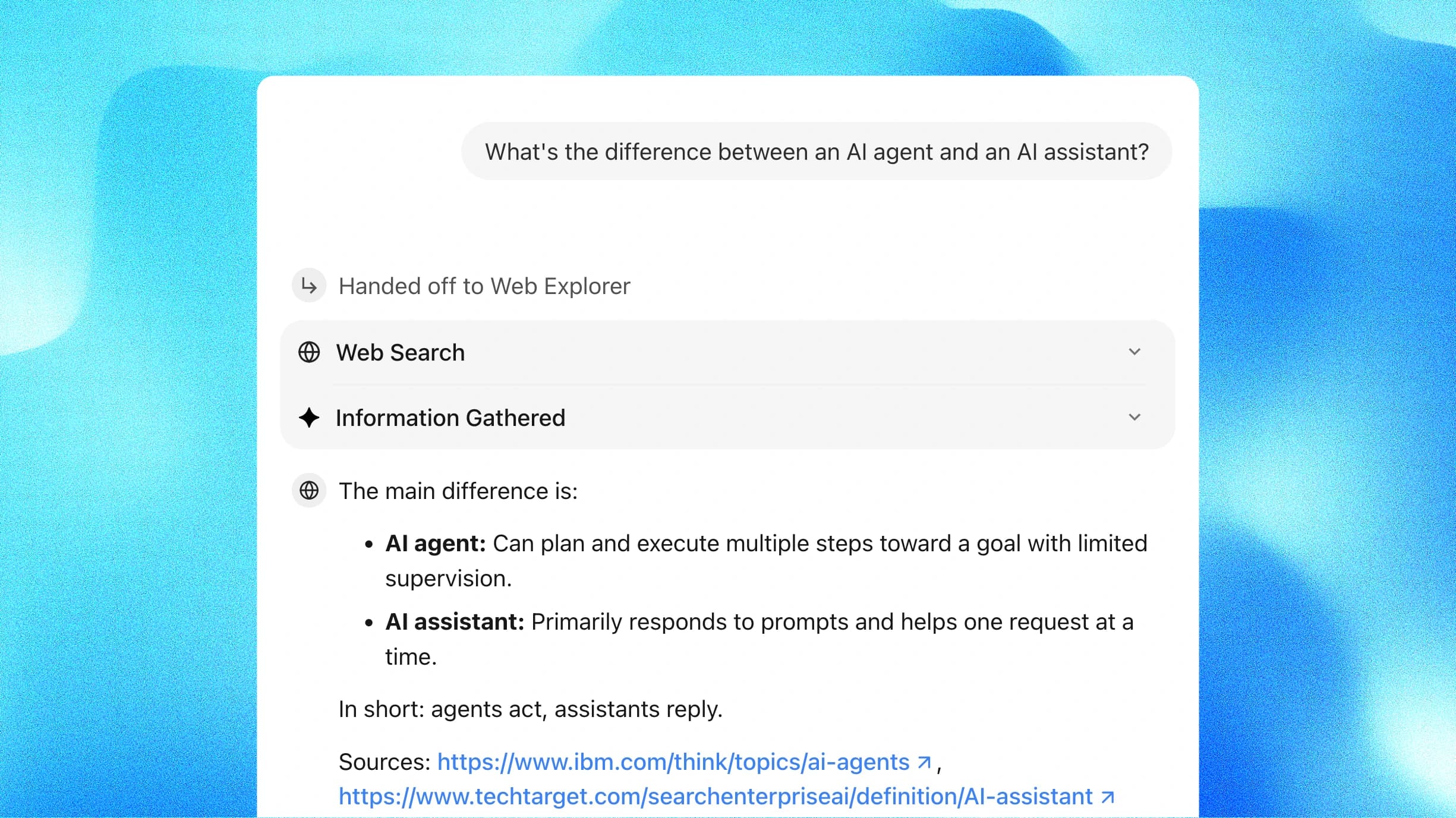 Web Explorer AI Agent searching the web and returning ranked results with summaries