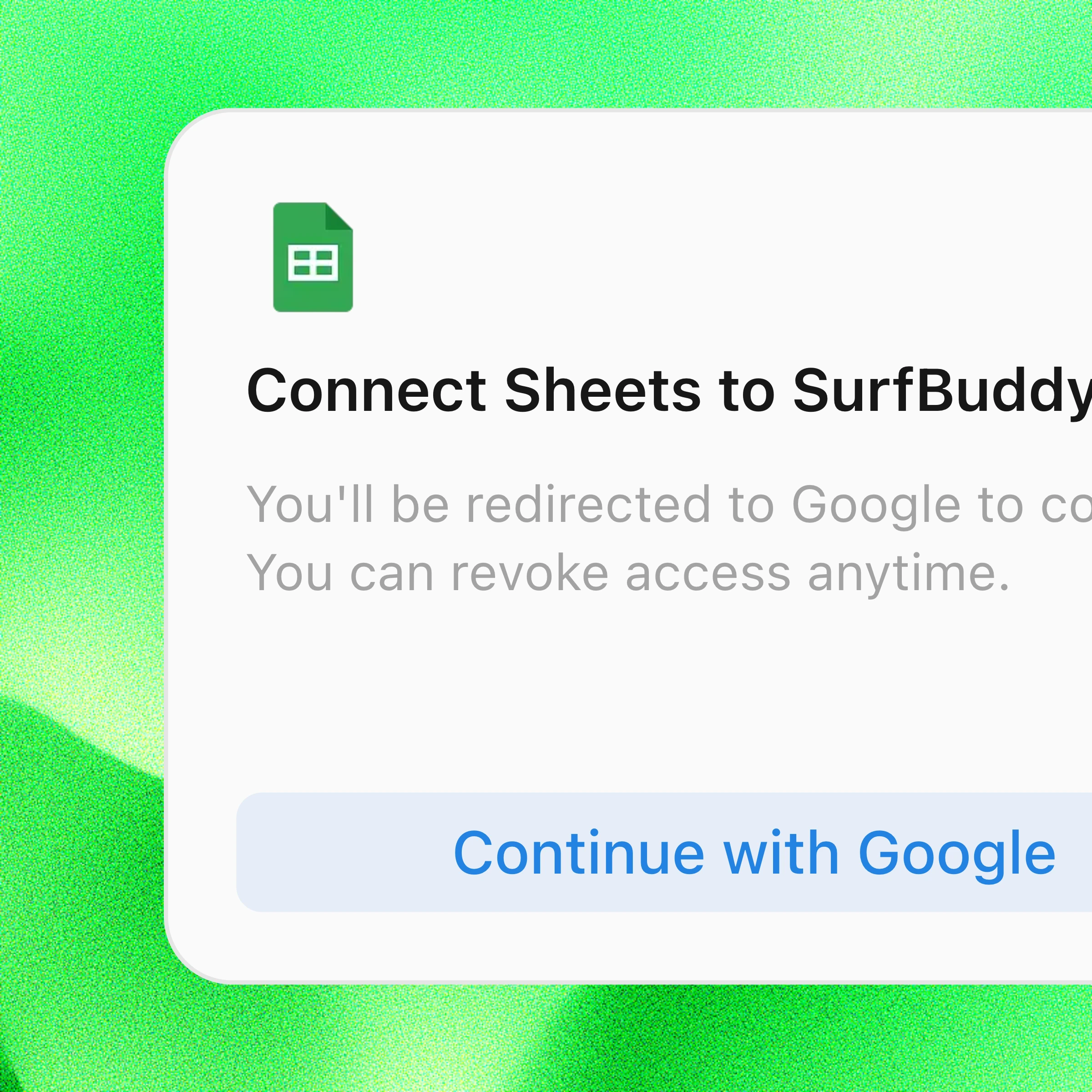 Google Sheets OAuth connection prompt with Continue with Google button