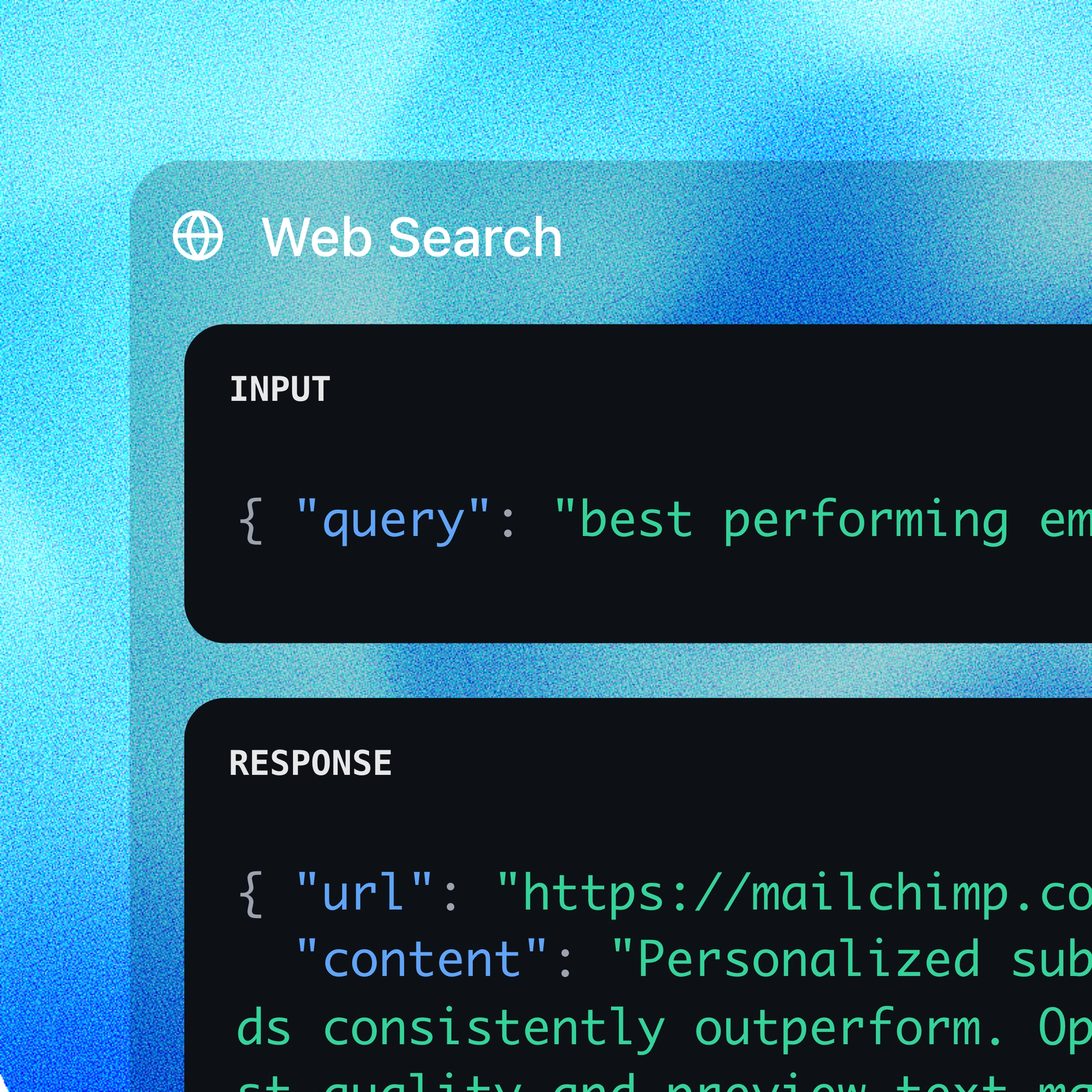 Input and output view showing video URL request and key takeaways response