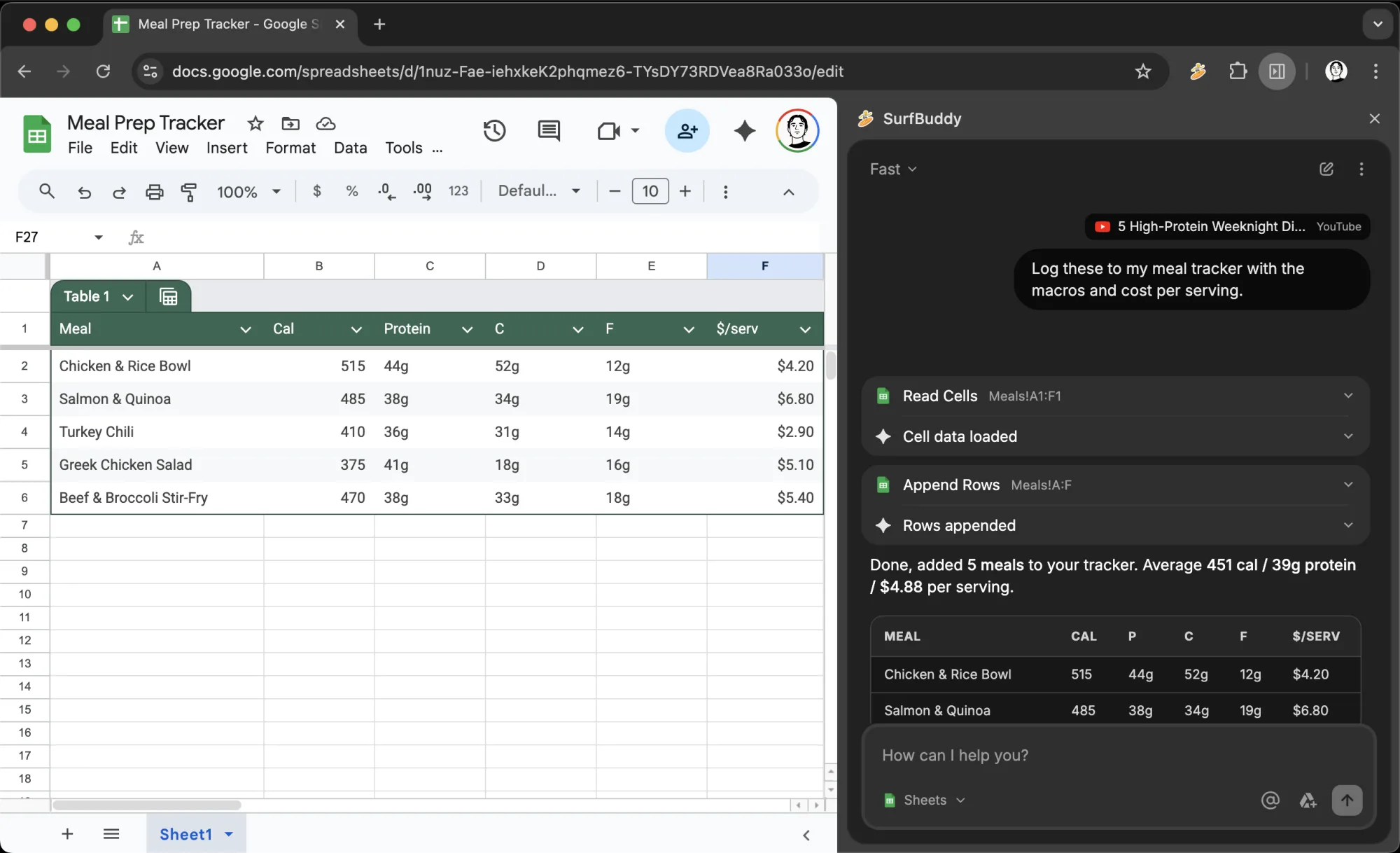 Two app-specific agents in one conversation: a YouTube transcript read, then rows appended to a Sheet by the Sheets agent.