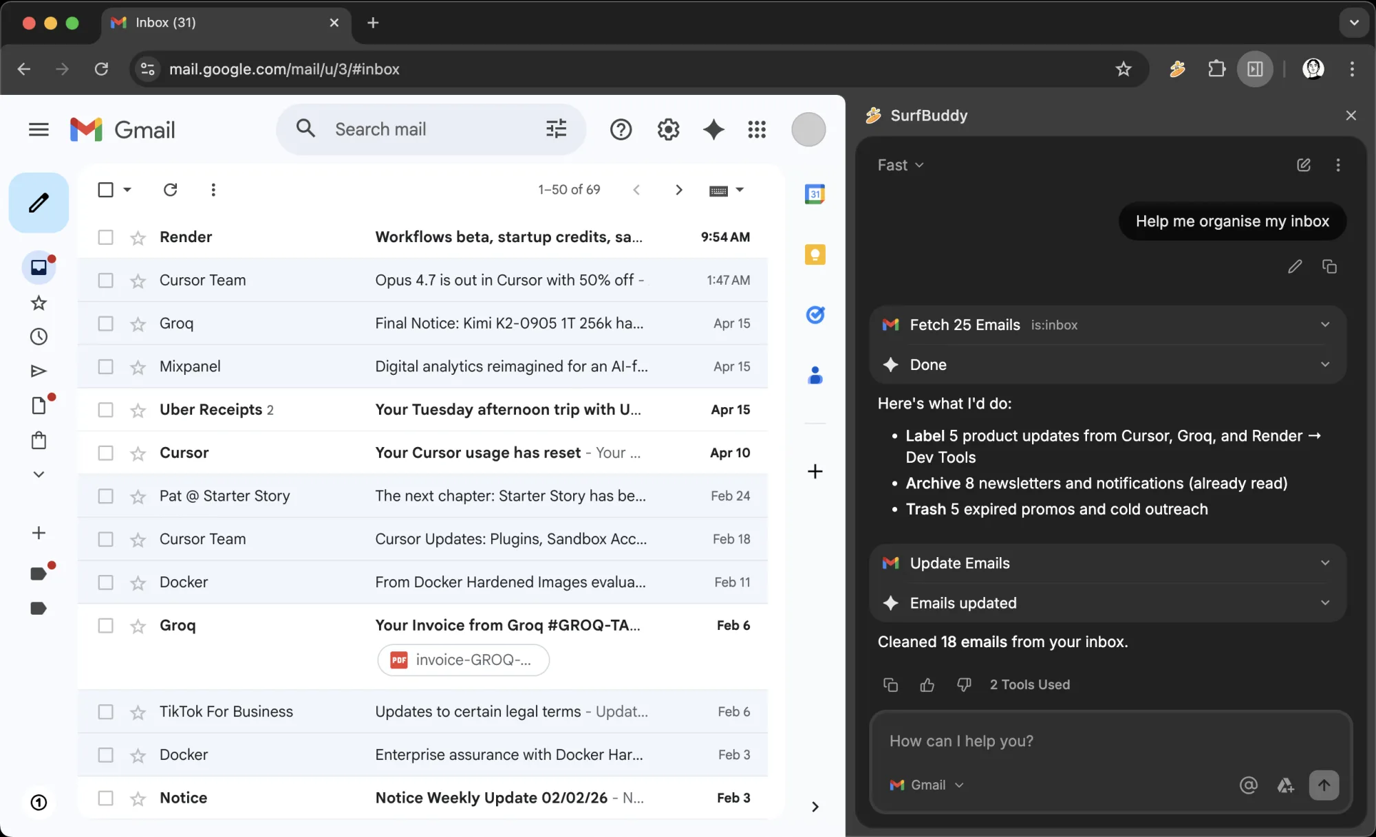 Inbox triage through the Gmail API rather than screen-scraping, with each tool call and its arguments visible as it ran.
