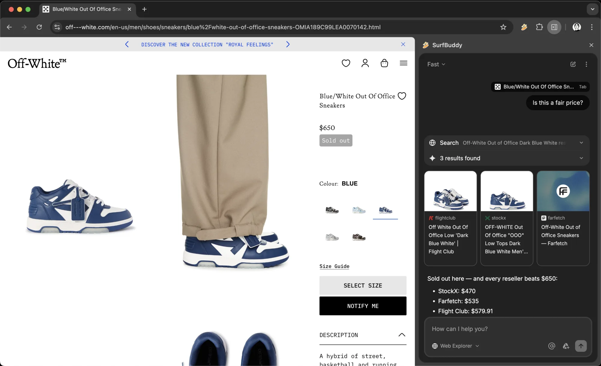 Web Explorer answering against live resale listings, from the product page, in the side panel.